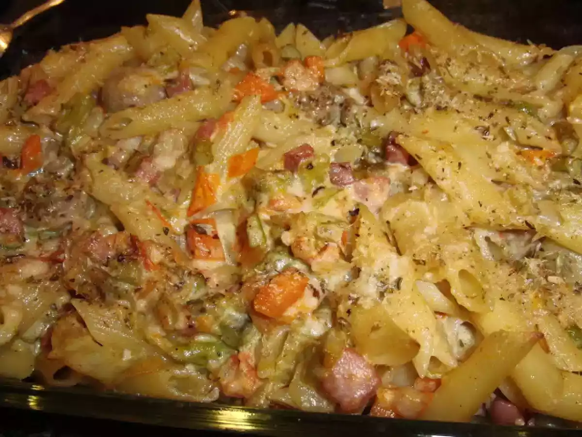 Gratin de macarrão e espargos
