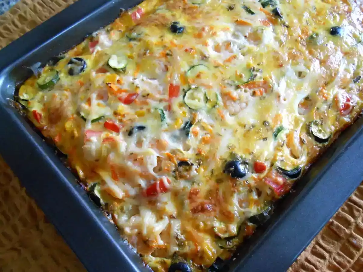 Gratinado de legumes, camarão e delícias de mar
