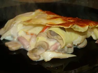 Lasanha de Bacalhau com Cogumelos, Bacon e Pimento