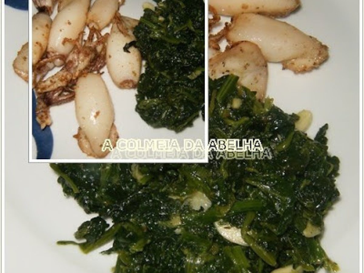 LULAS FRITAS COM ESPINAFRES SALTEADOS COM ALHO