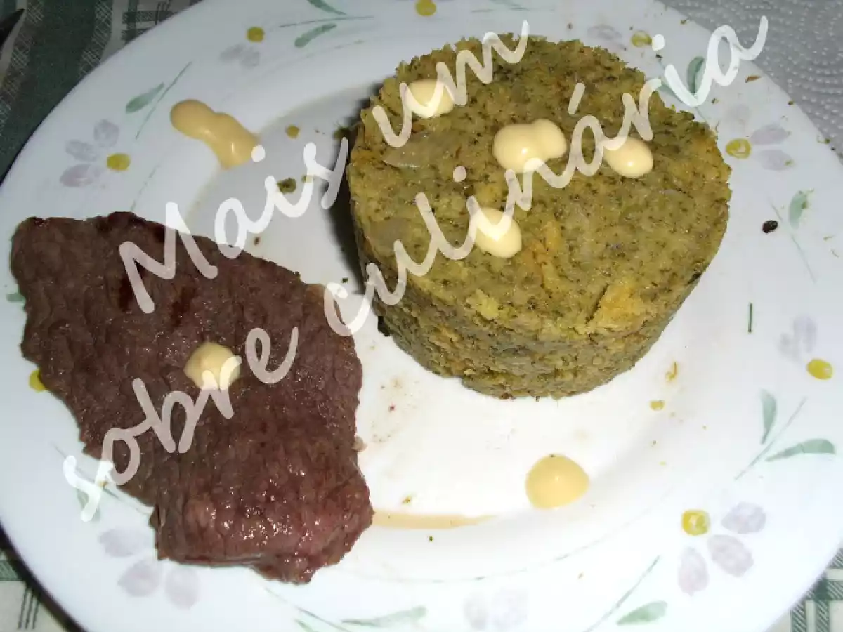 Migas de broculos com bife de vaca grelhado