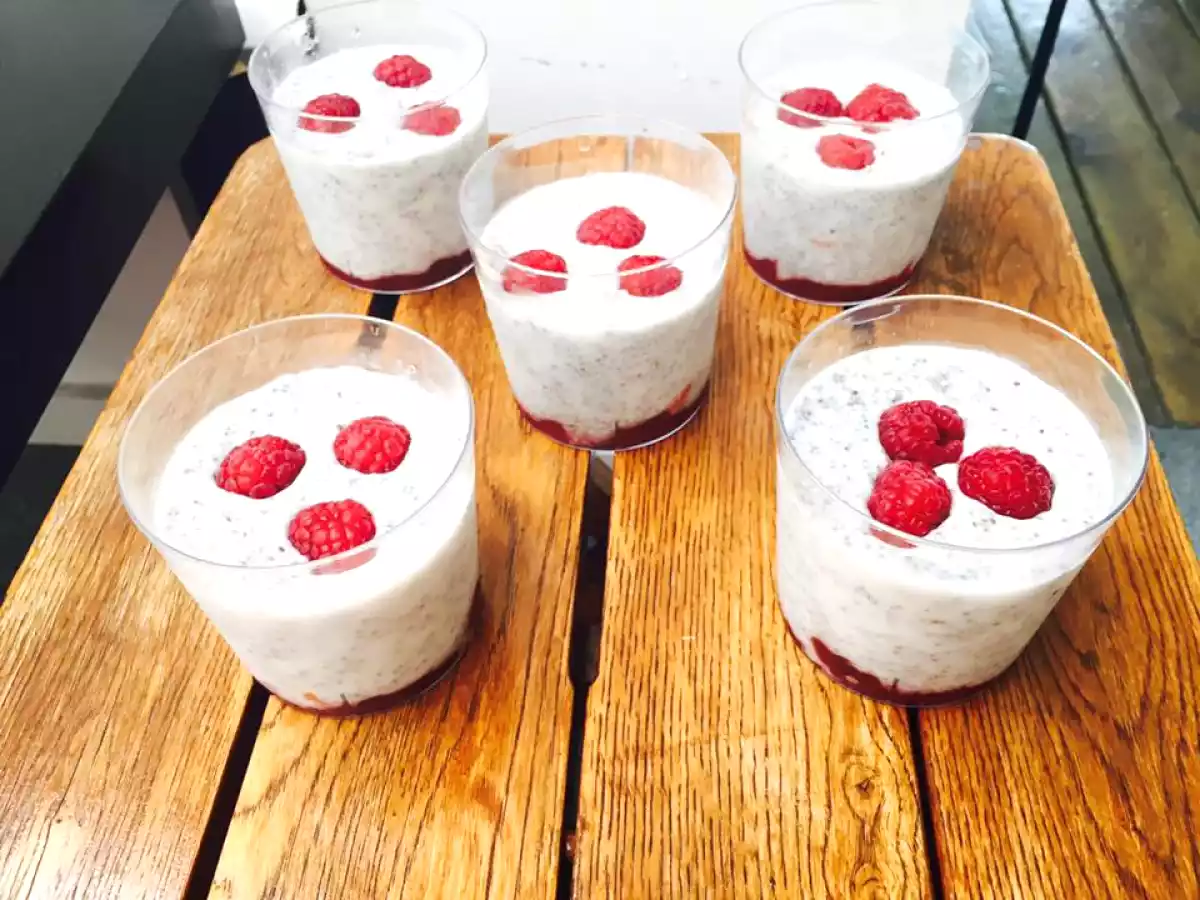Mousse de chia com leite de coco caseiro e framboesas