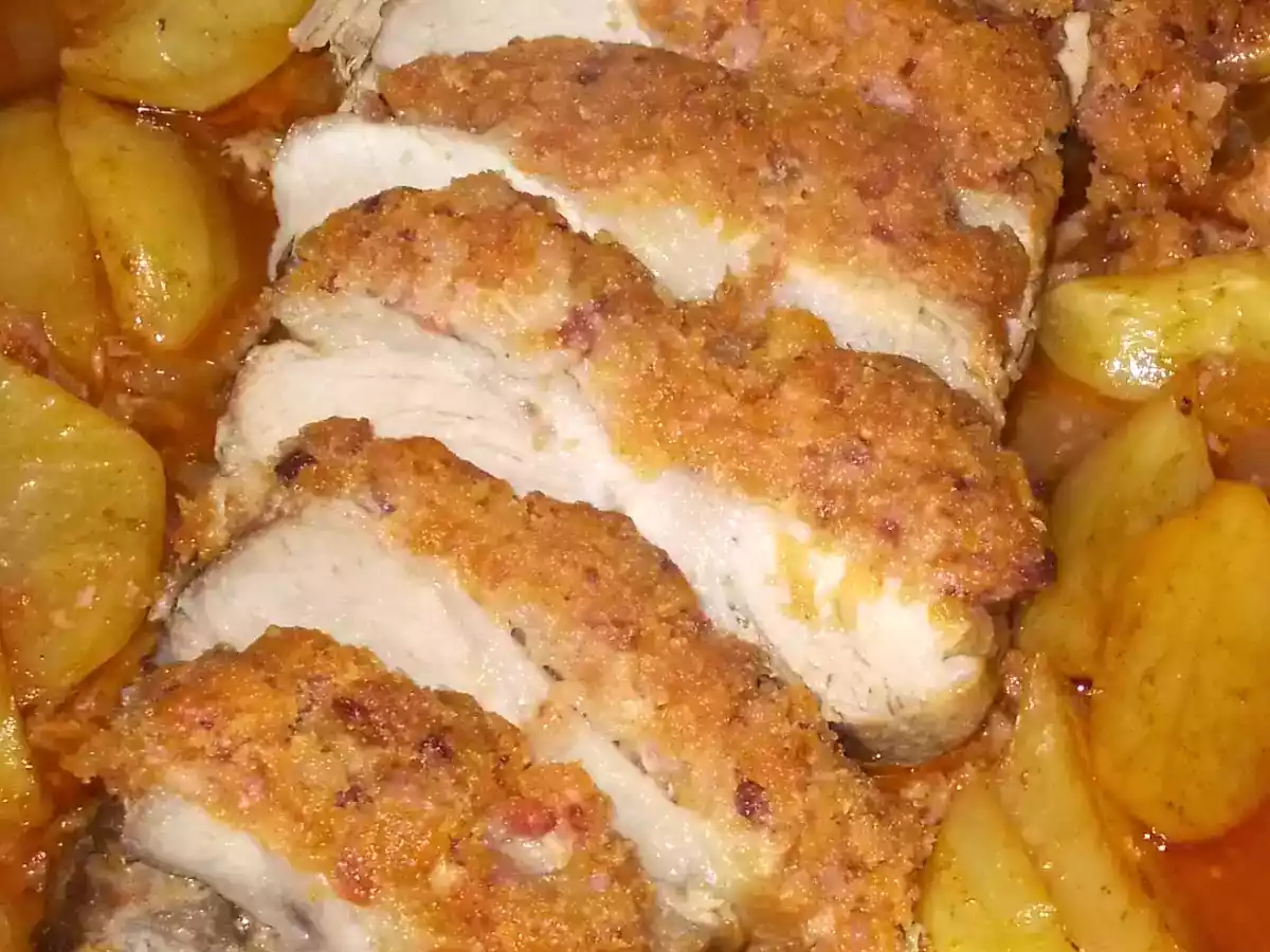 Pá de porco assada em crosta de alheira