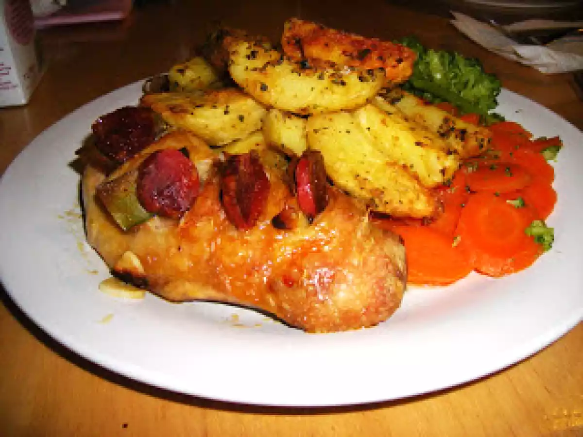 Pato Bebado com Chorico e Batatas Aromaticas Assadas no Forno e Vegetais