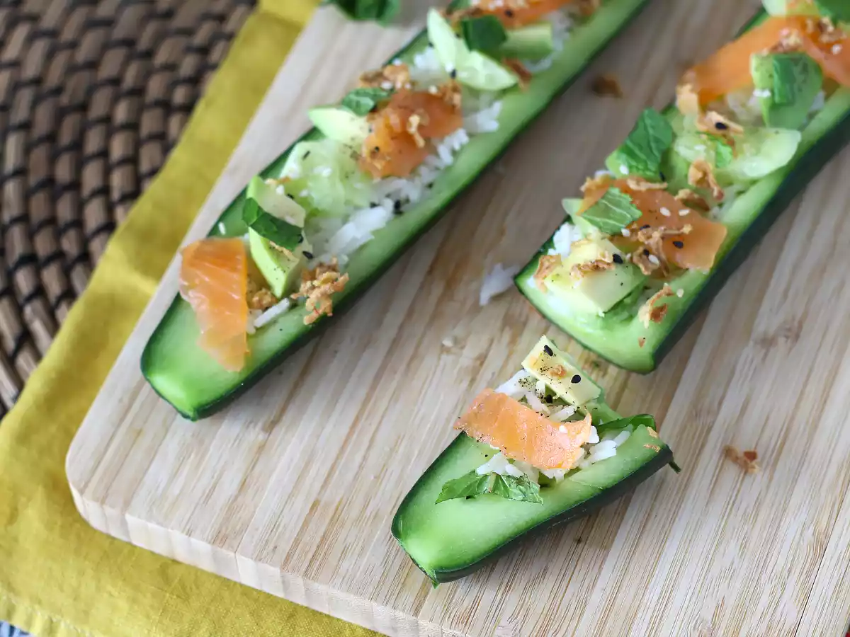 Pepino recheado de arroz, salmão, abacate e hortelã - foto 3