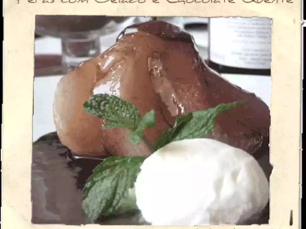 Pêras com Gelado e Chocolate Quente