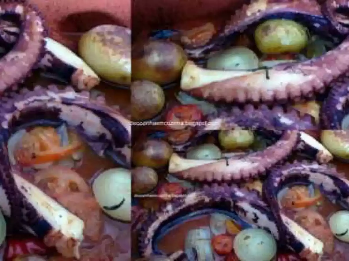 Polvo assado no forno com batata e arroz do mesmo