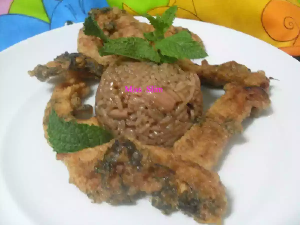 Polvo panado no forno com arroz de polvo integral