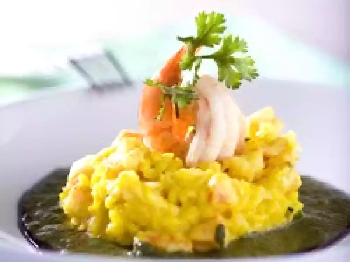 Risoto de camarão com emulsão de coentro
