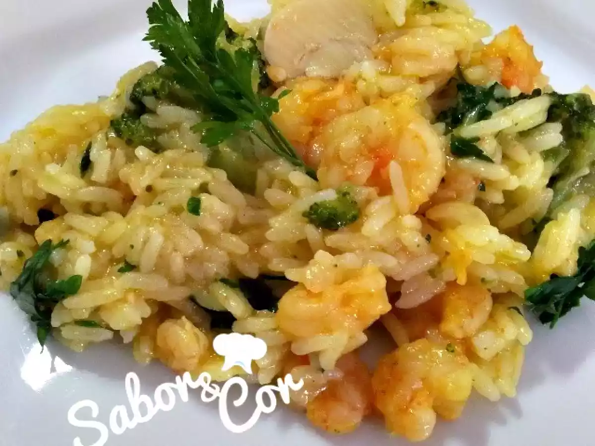 Risoto de Camarão e Alho Poró com Brócolis