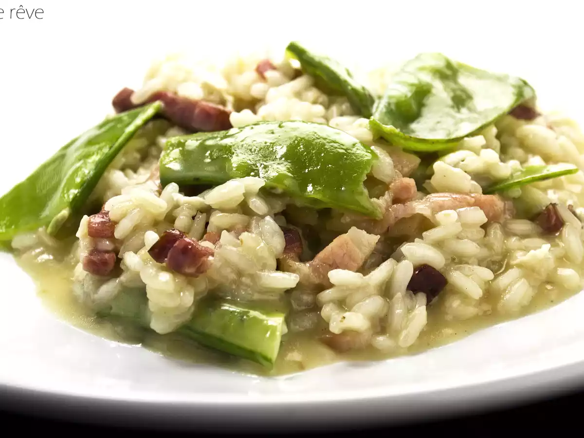 Risoto de ervilha torta, brie e bacon