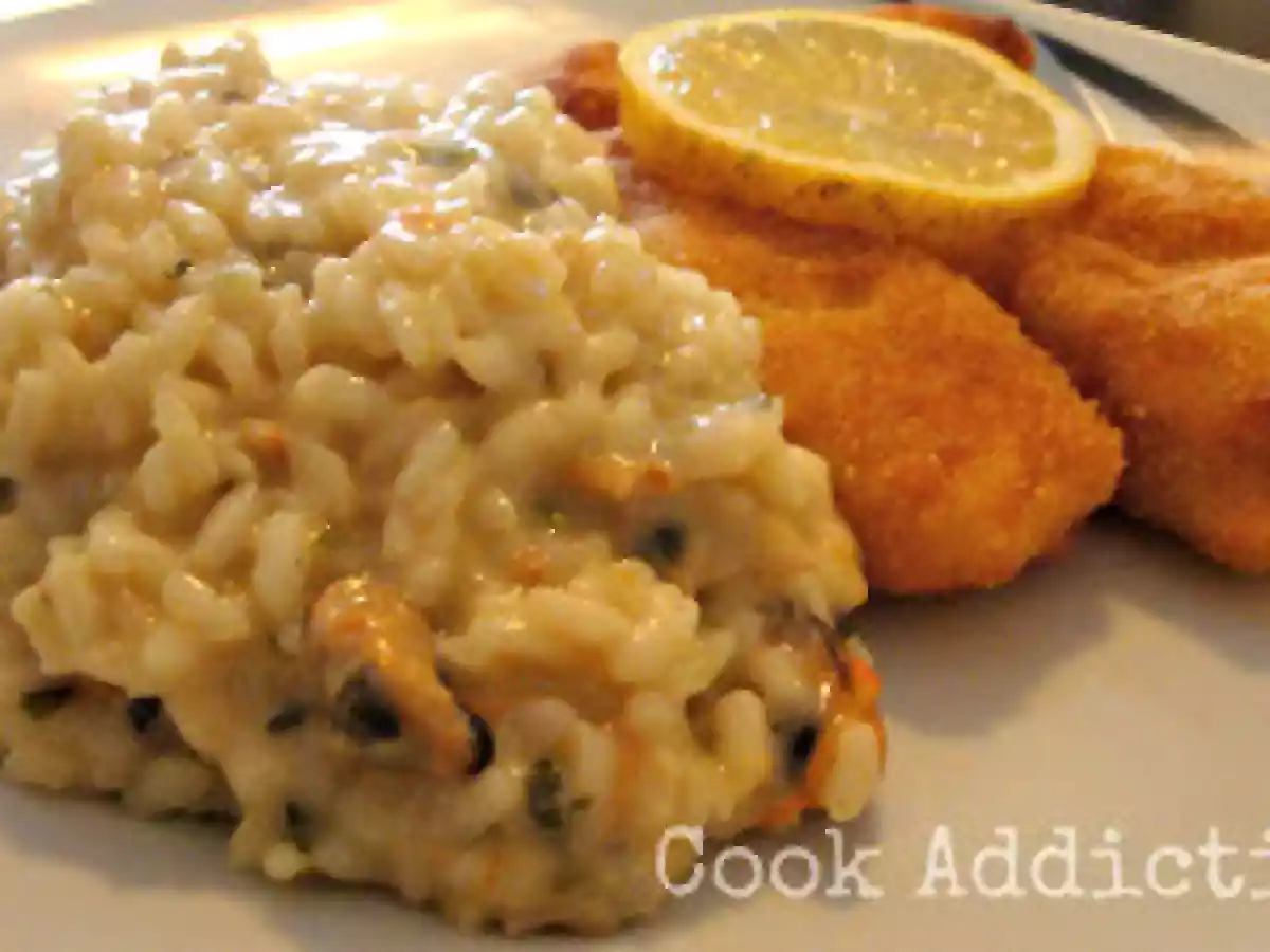 Risotto de amêijoa e mexilhão com filetes de peixe gato