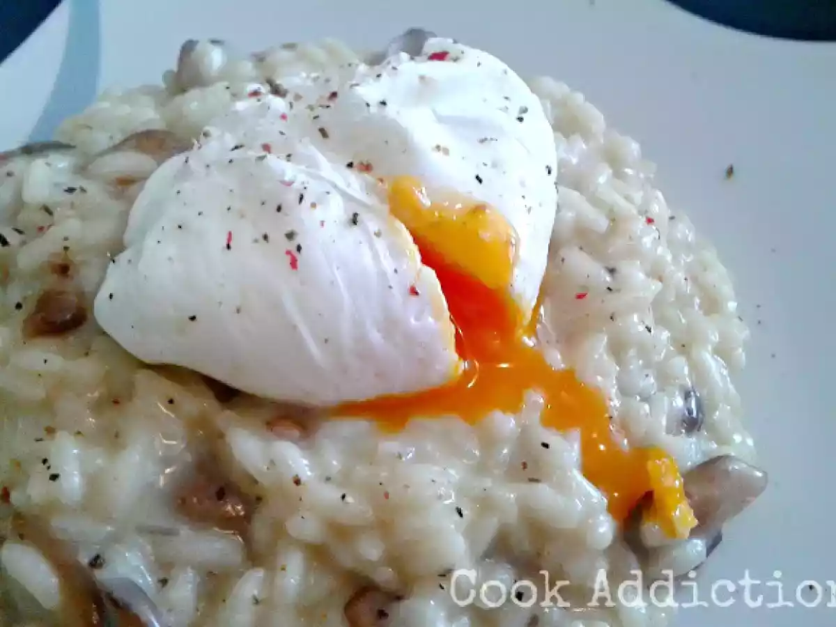 Risotto de cogumelos com queijo de cabra e ovo escalfado