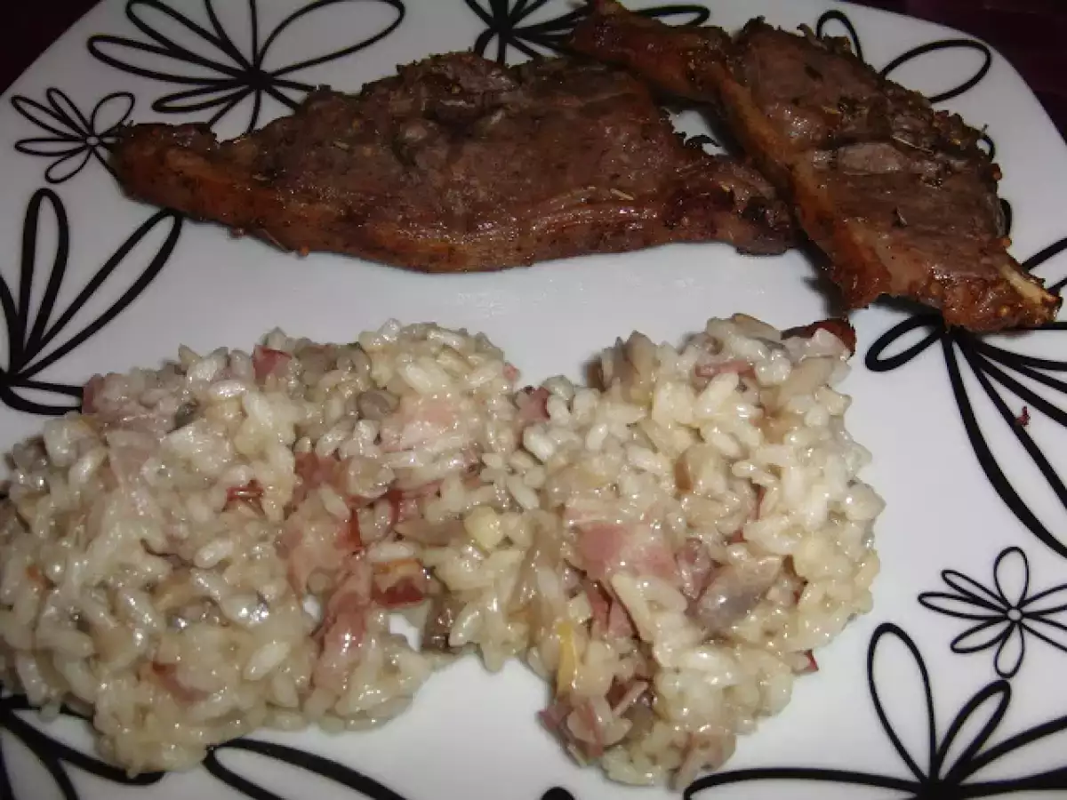 Risotto de cogumelos e bacon / costeletas de borrego