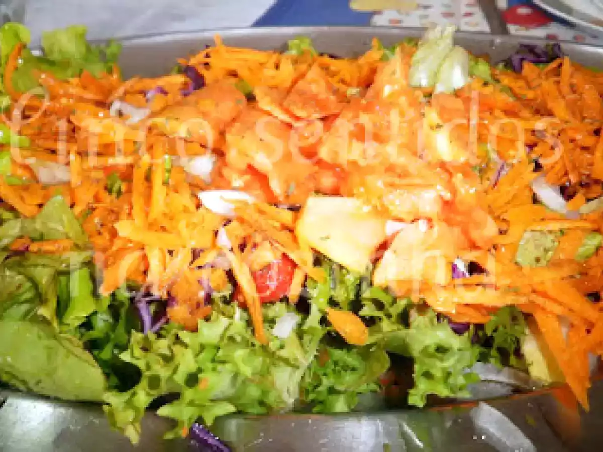 Salada de alface, cenoura, couve roxa e papaia