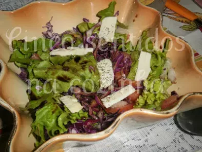 Salada de alface, couve roxa e queijo de cabra curado