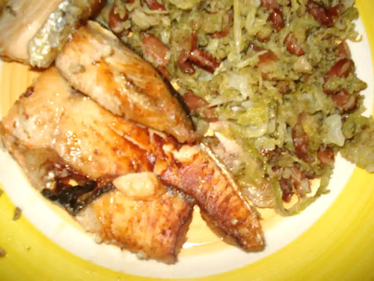 SALMÃO NA ACTIFRY, ACOMPANHADO COM MIGA DE COUVE LOMBARDA E FEIJÃO MANTEIGA...