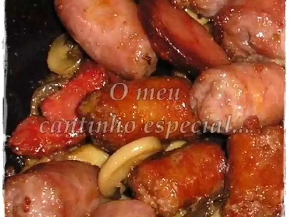Salsichas frescas com Chouriço e Cogumelos na Actifry