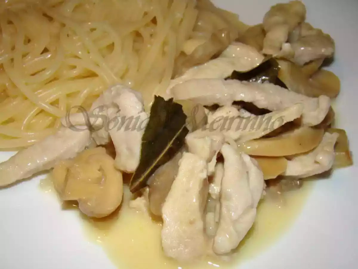Tiras de Frango e Perú com Natas de Soja e Cogumelos