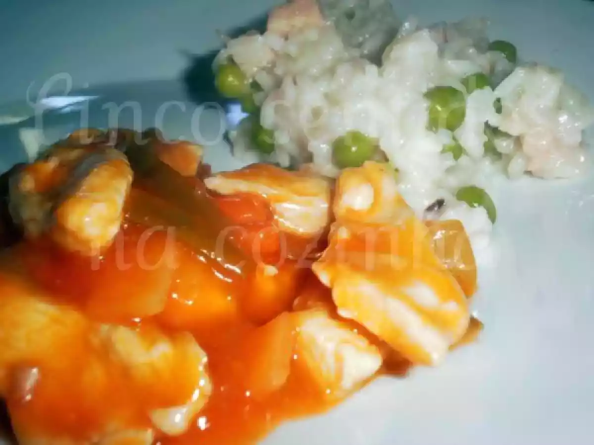 Tiras de frango em molho agridoce com arroz de ervilhas e fiambre de peru - foto 6